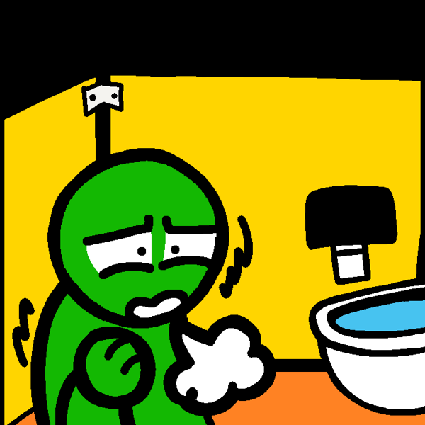 a green person standing in a yellow and orange bathroom stall, shaking and hyperventilating. they look distressed. high contrast, black background